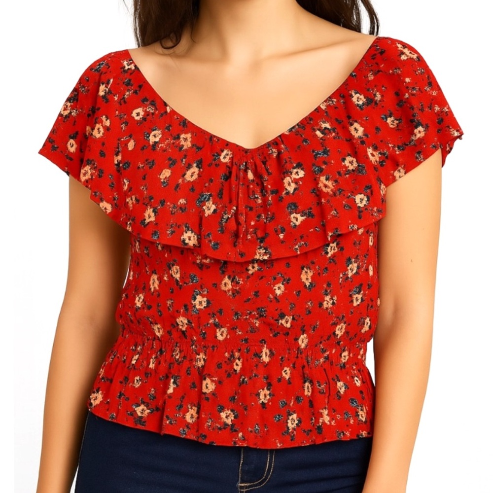Red Floral Ruffle Smocked Blouse Women’s Small | Cottagecore Boho Summer Top